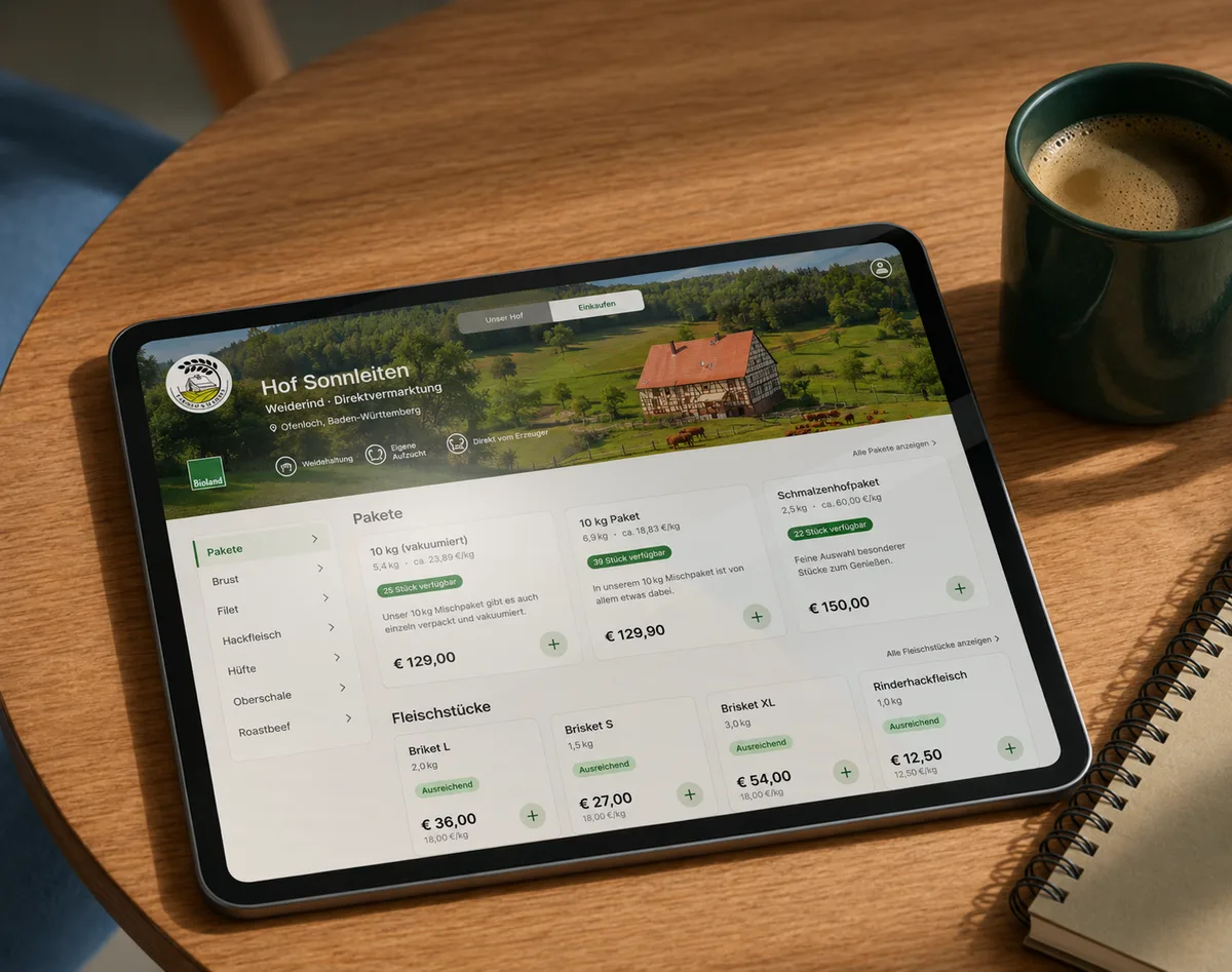 Erzeugerland-Hofshop mit Paketen, Teilstücken, Preisen und verfügbaren Mengen auf einem Tablet.