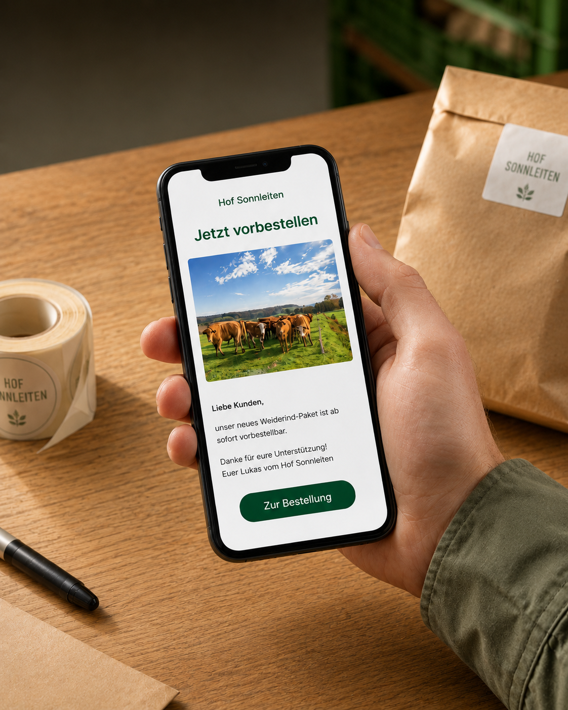 Kunde öffnet die Verkaufsankündigung einer neuen Schlachtung auf dem Smartphone.